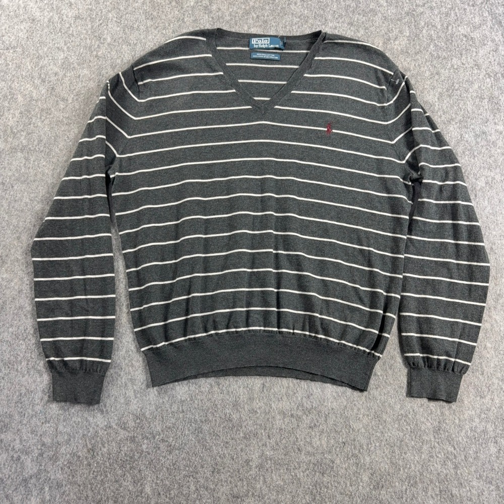 Polo Ralph Lauren Mens Pima Cotton V-Neck Striped Sweater Grey White Large